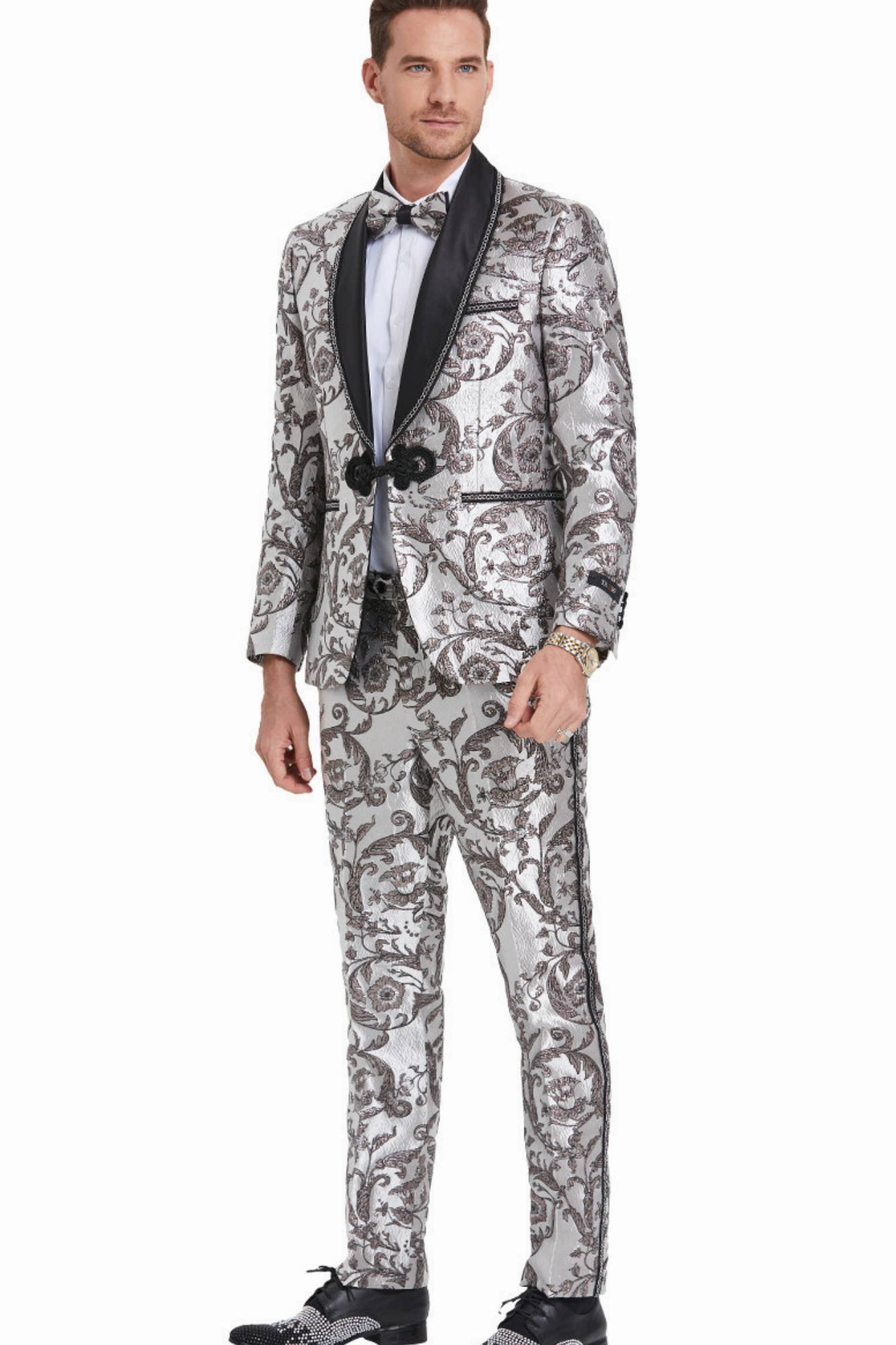 Tazzio Men's Silver Paisley Print 2-Pc Suit with Satin Shawl Collar and Slim Fit Pants