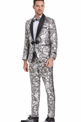 Tazzio Men's Silver Paisley Print 2-Pc Suit with Satin Shawl Collar and Slim Fit Pants