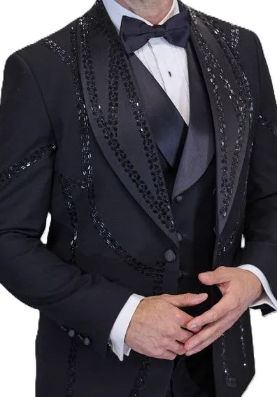 Thalassa Collection: Black Italian Wool 3-Piece Tuxedo with Rhinestones - Modern Fit