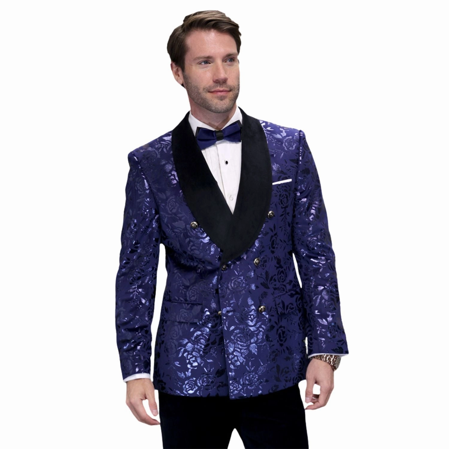 Trendish Collection: Sapphire 2-Piece Double Breasted Velvet Shawl Lapel Tuxedo