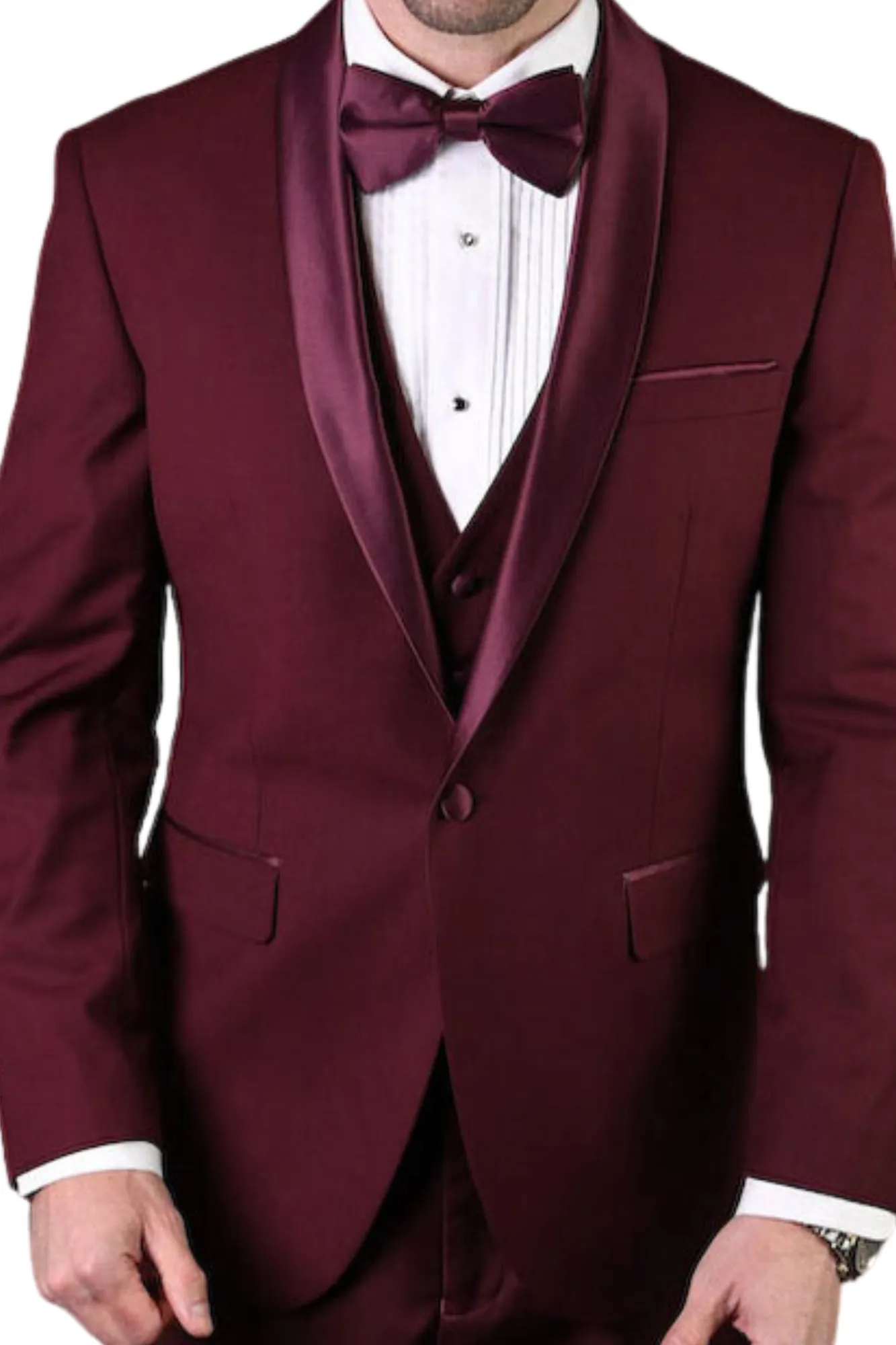 Trendito Collection: Burgundy 3PC Shawl Lapel Tuxedo 100% Wool Tailored Fit