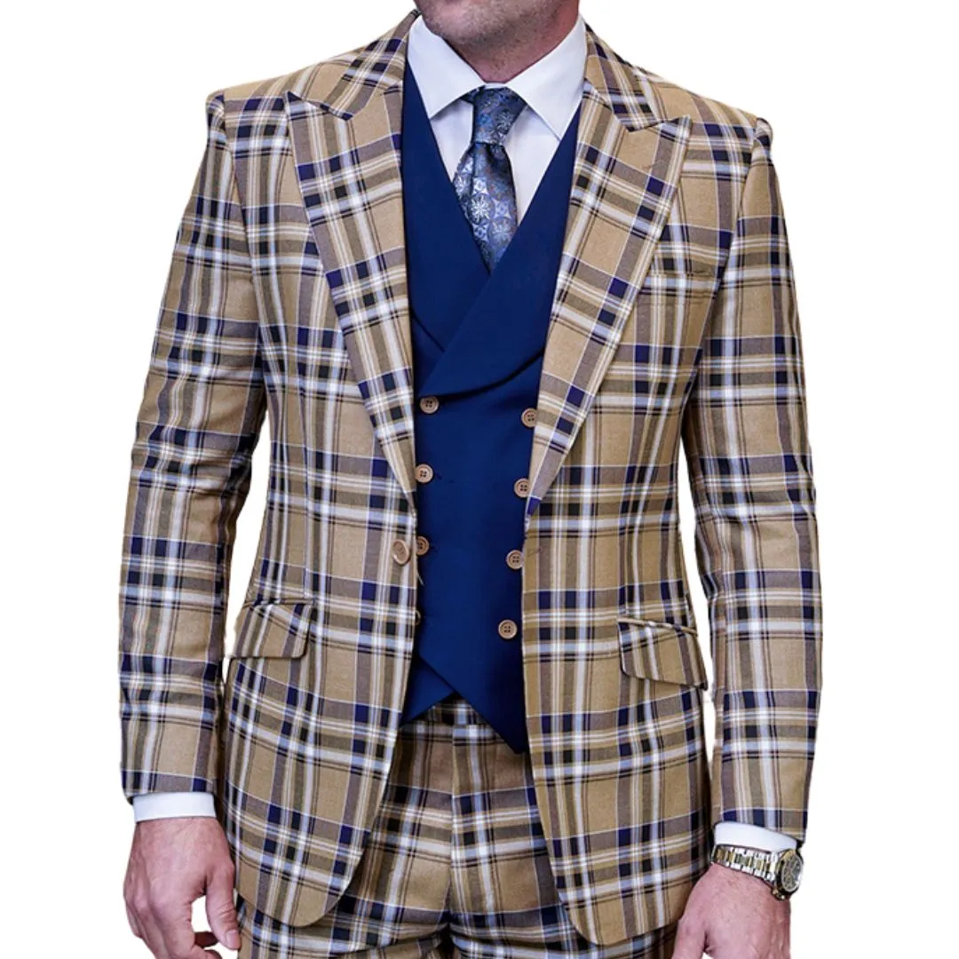 Vallario Collection: Camel 3-Piece Modern Fit Plaid Suit