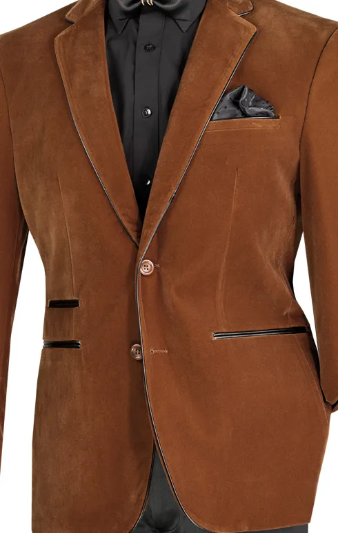 Velourfy Collection: Bourbon Velvet with Faux Leather Trim Single Breasted Slim Fit Blazer