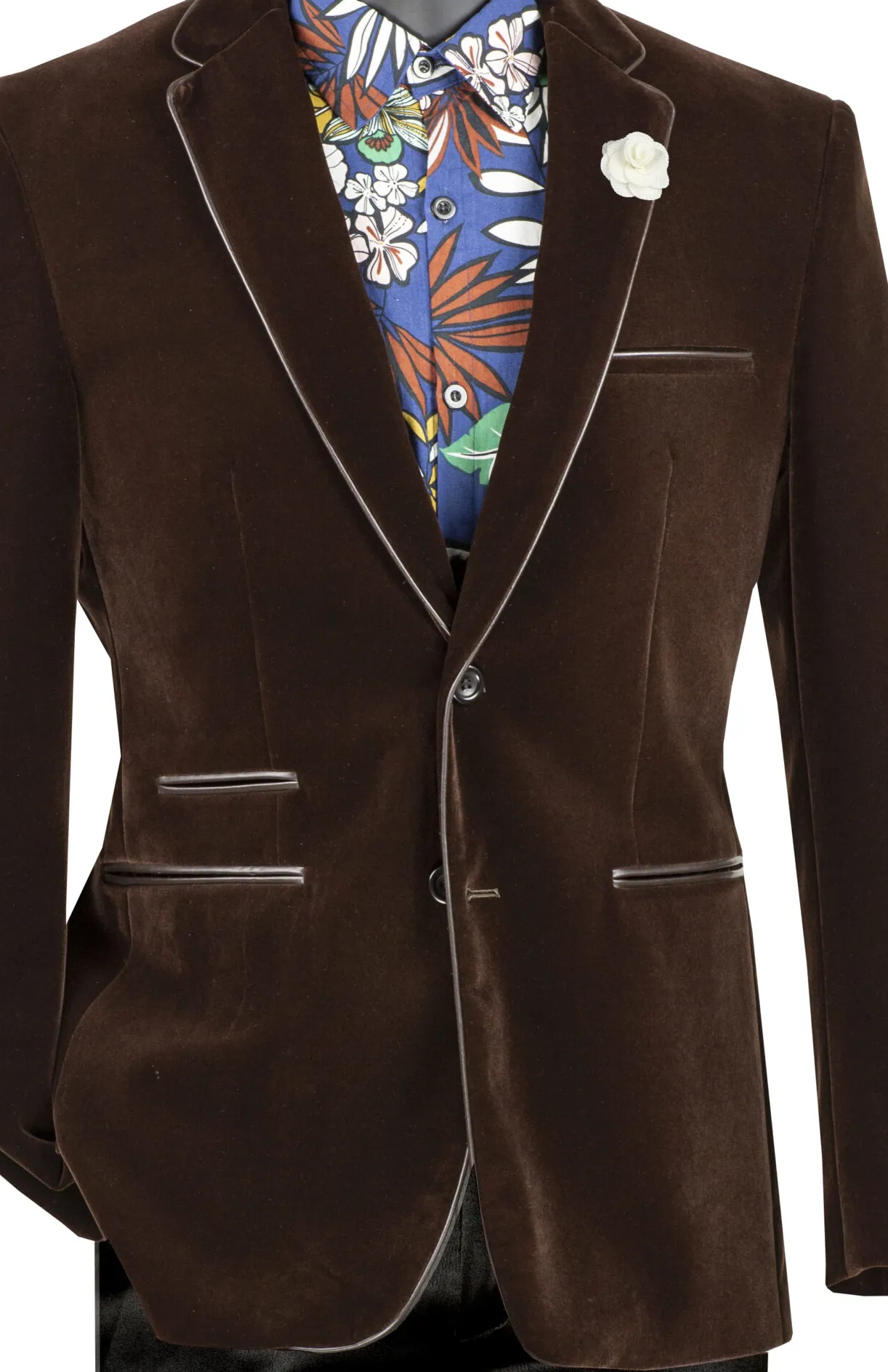 Velourfy Collection: Brown Velvet with Faux Leather Trim Single Breasted Slim Fit Blazer