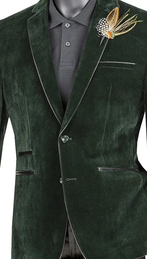 Velourfy Collection: Emerald Velvet with Faux Leather Trim Single Breasted Slim Fit Blazer