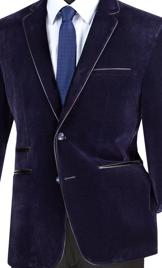 Velourfy Collection: Navy Velvet with Faux Leather Trim Single Breasted Slim Fit Blazer