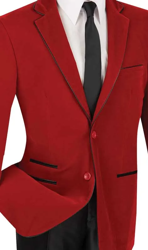 Velourfy Collection: Red Velvet with Faux Leather Trim Single Breasted Slim Fit Blazer