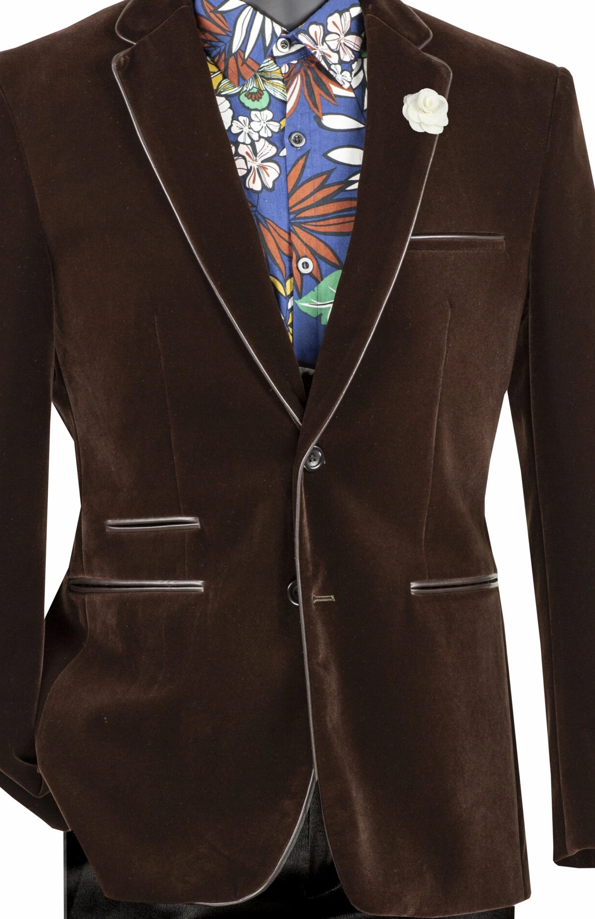 Velourfy Collection: Brown Velvet with Faux Leather Trim Single Breasted Slim Fit Blazer