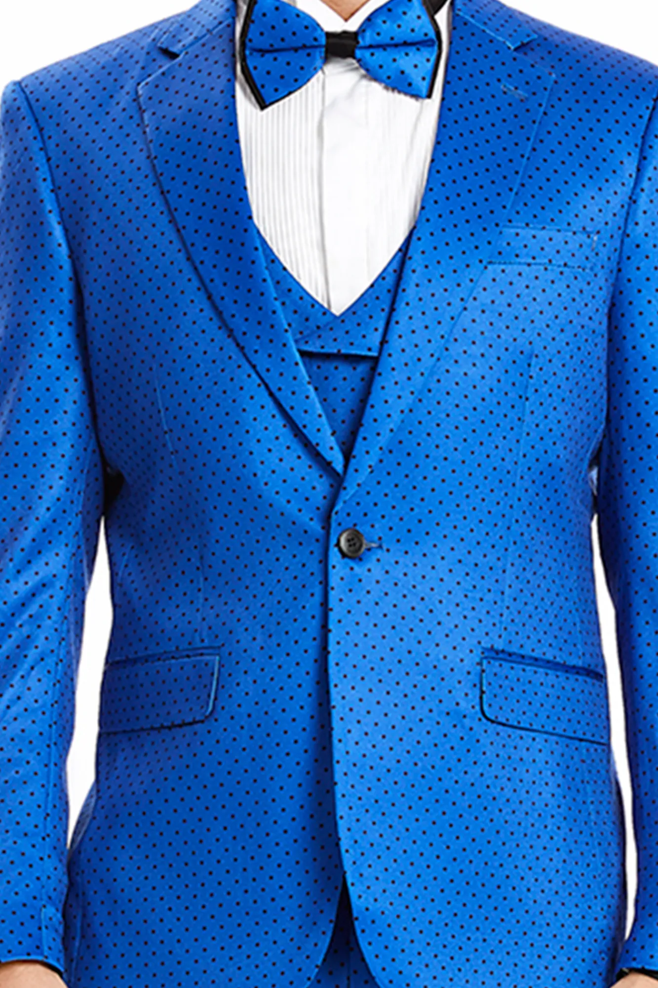 Vibrant Collection: 3-Piece Polka-Dot Slim Fit Suit with Notch Lapel In Royal/black