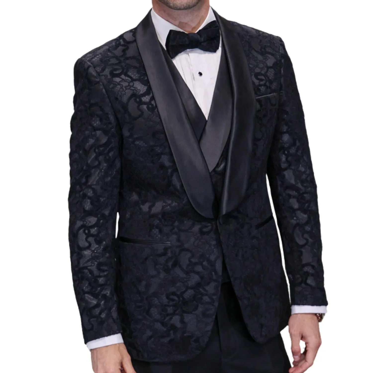 Westerlund Collection: 3-Piece Black Lace Tuxedo with Satin Shawl Lapel & Satin Trim