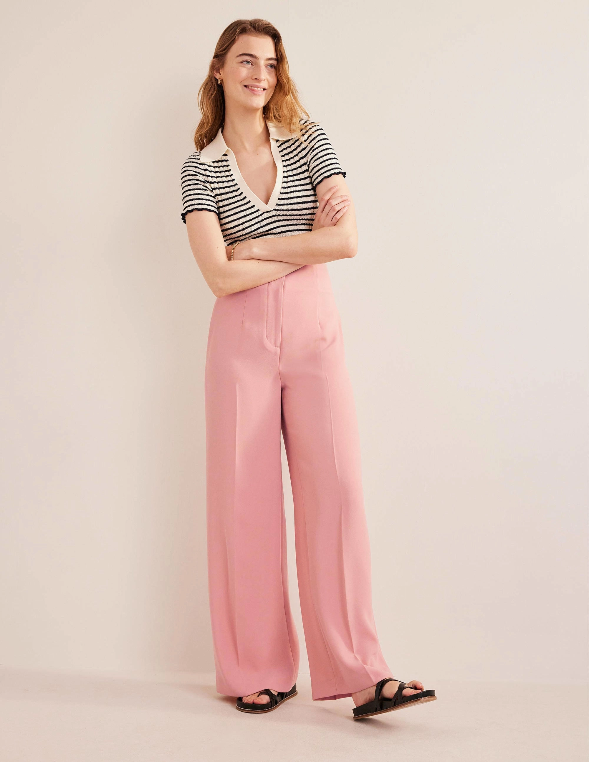 Wide Leg Crepe Pants-Rose Pink