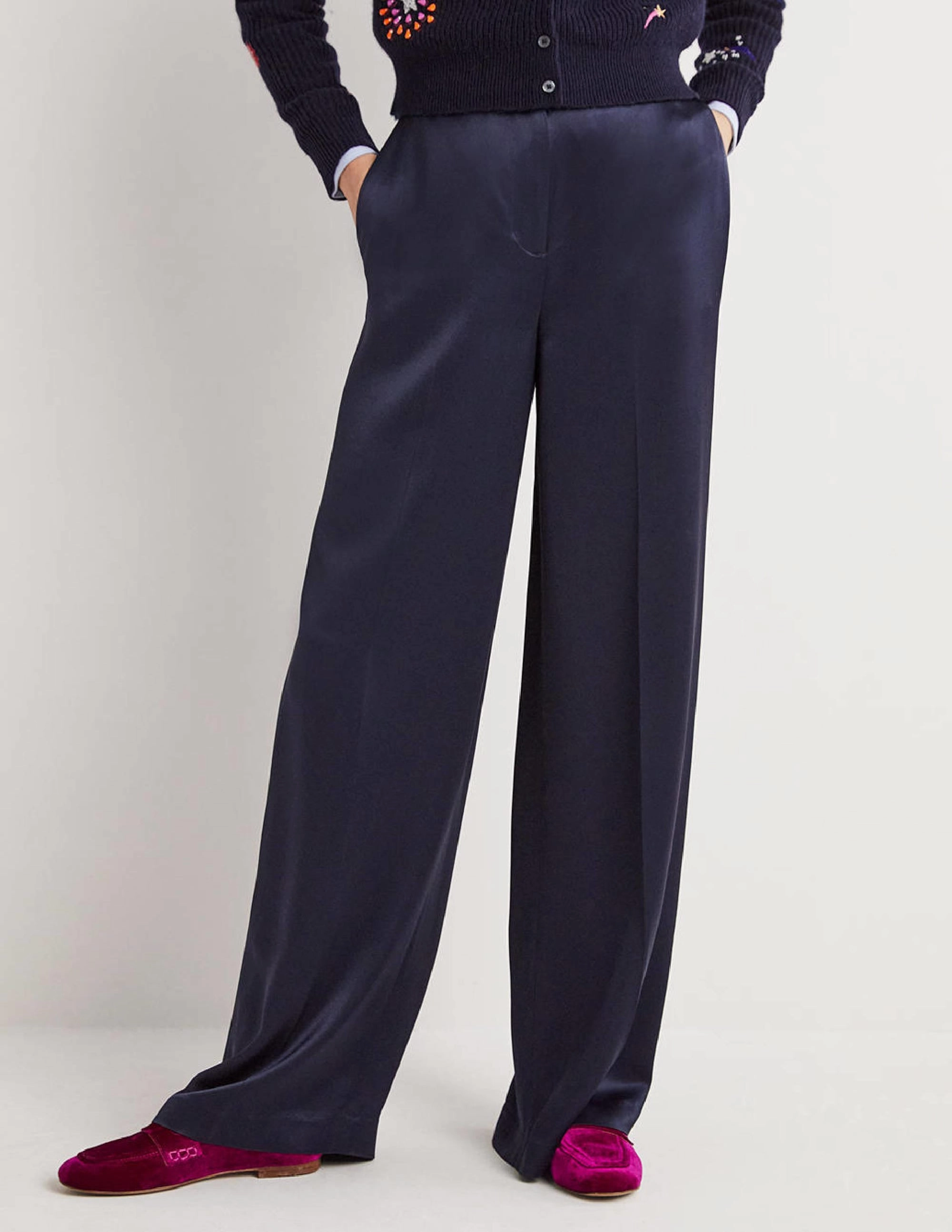 Wide Leg Satin Trousers-Navy Satin