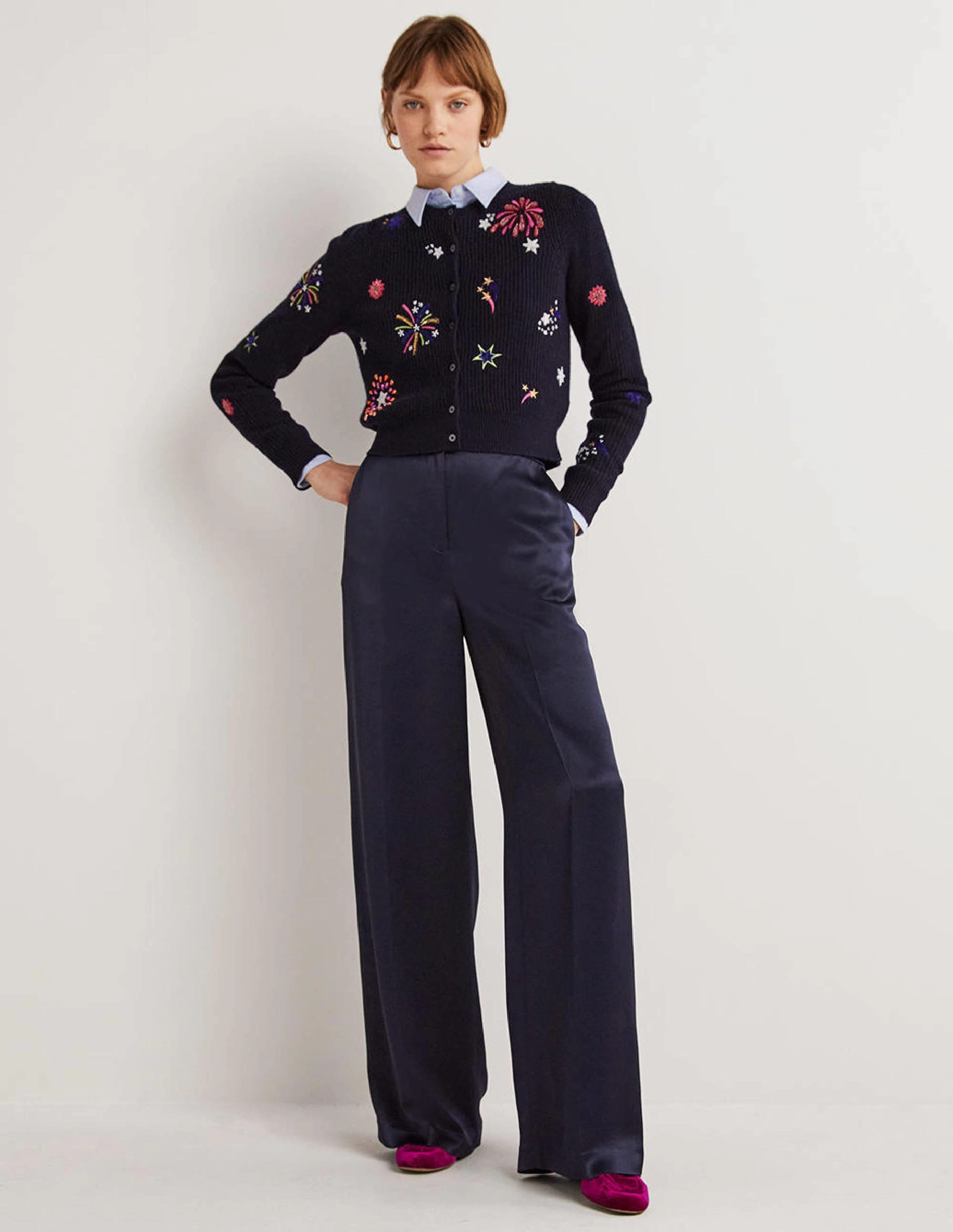 Wide Leg Satin Trousers-Navy Satin