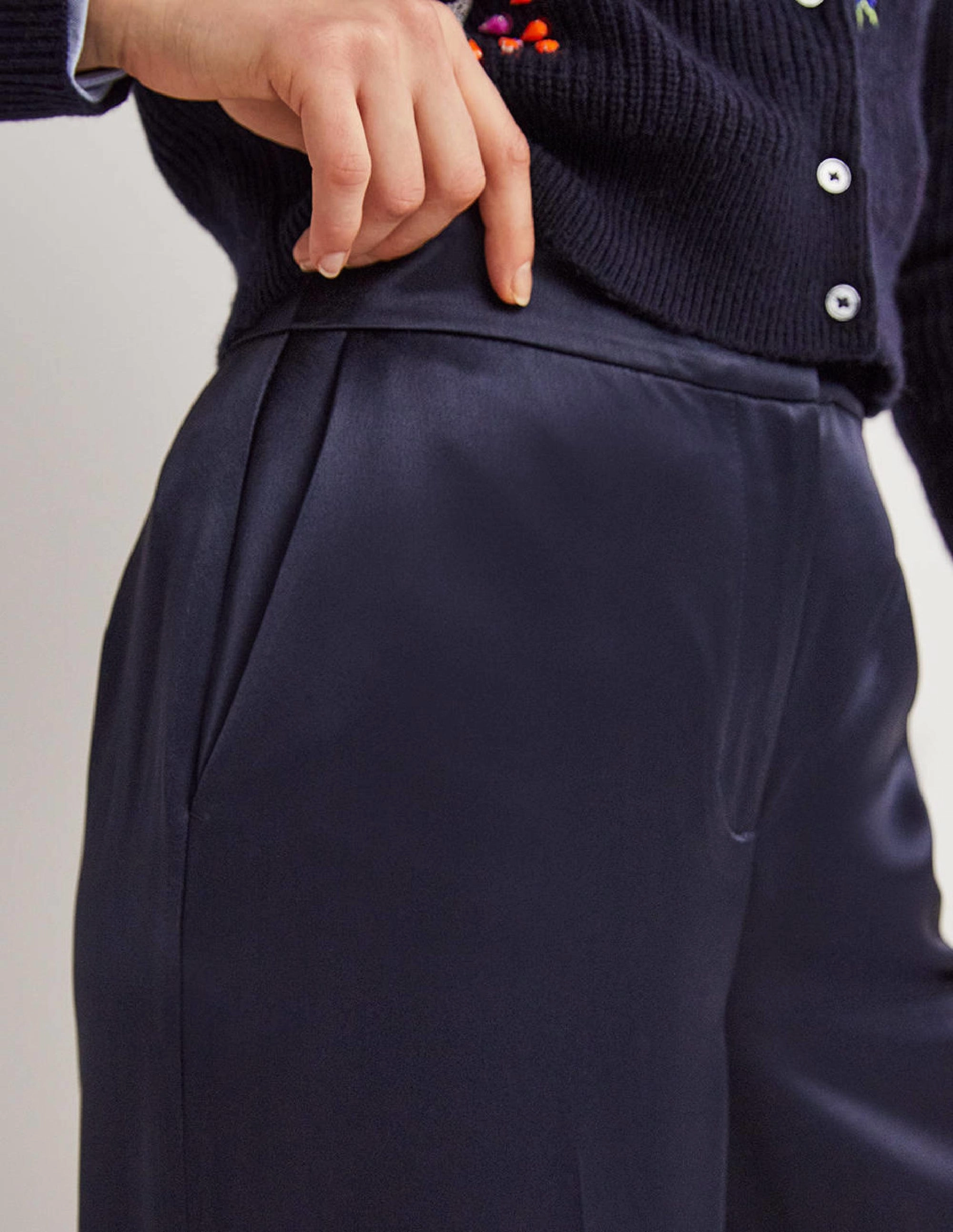 Wide Leg Satin Trousers-Navy Satin