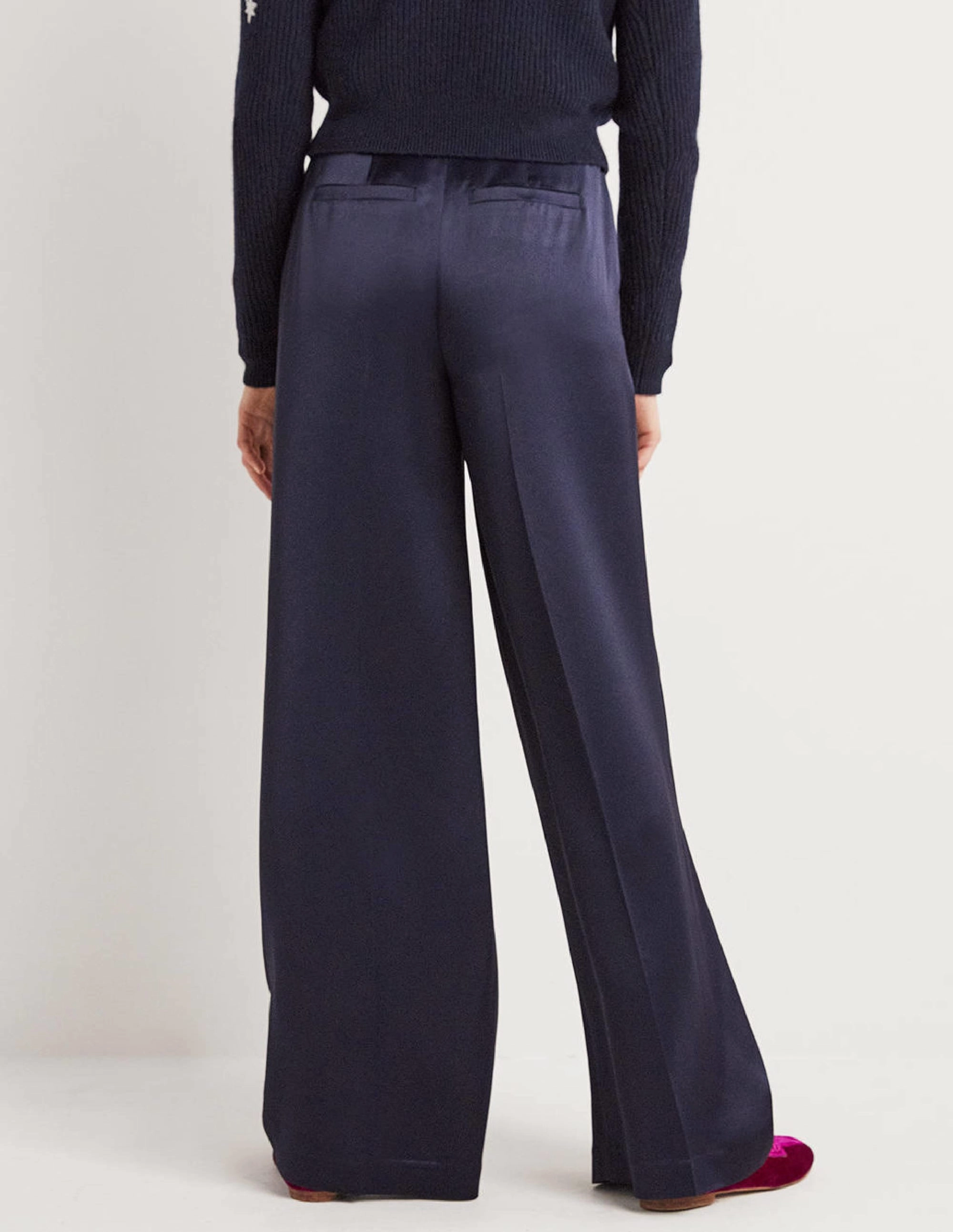 Wide Leg Satin Trousers-Navy Satin