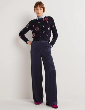 Wide Leg Satin Trousers-Navy Satin