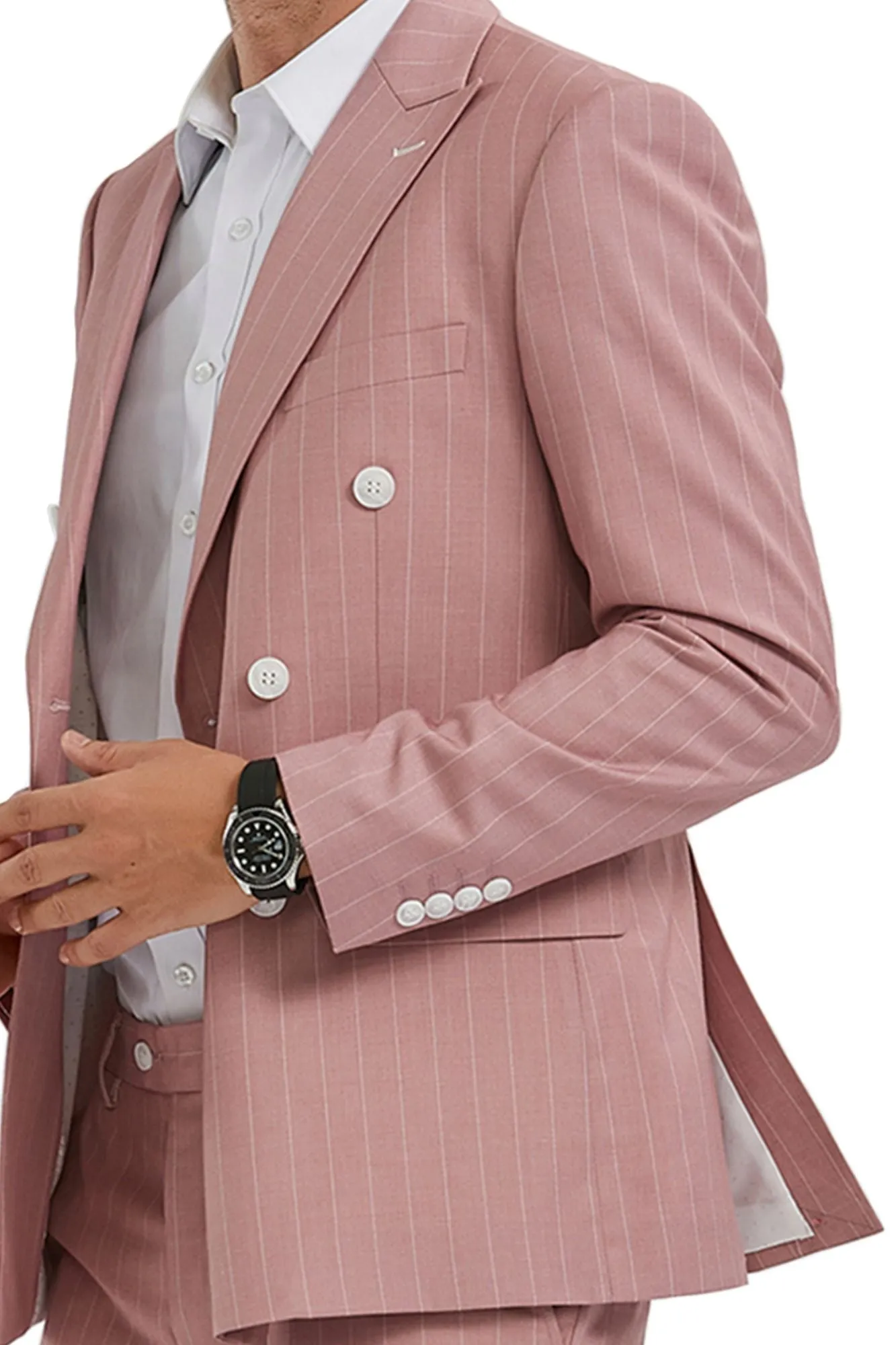 Windwalker Collection: 2-Piece Pin Stripe Slim Fit Suit For Men In Pink