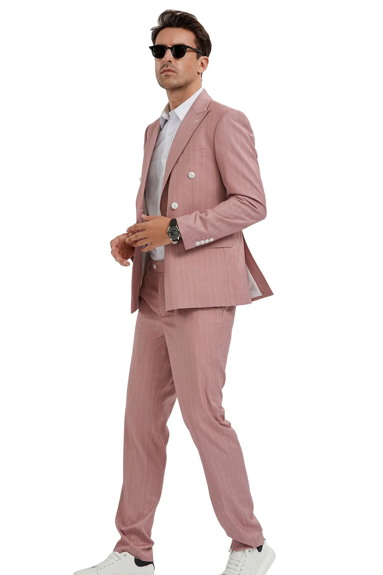 Windwalker Collection: 2-Piece Pin Stripe Slim Fit Suit For Men In Pink