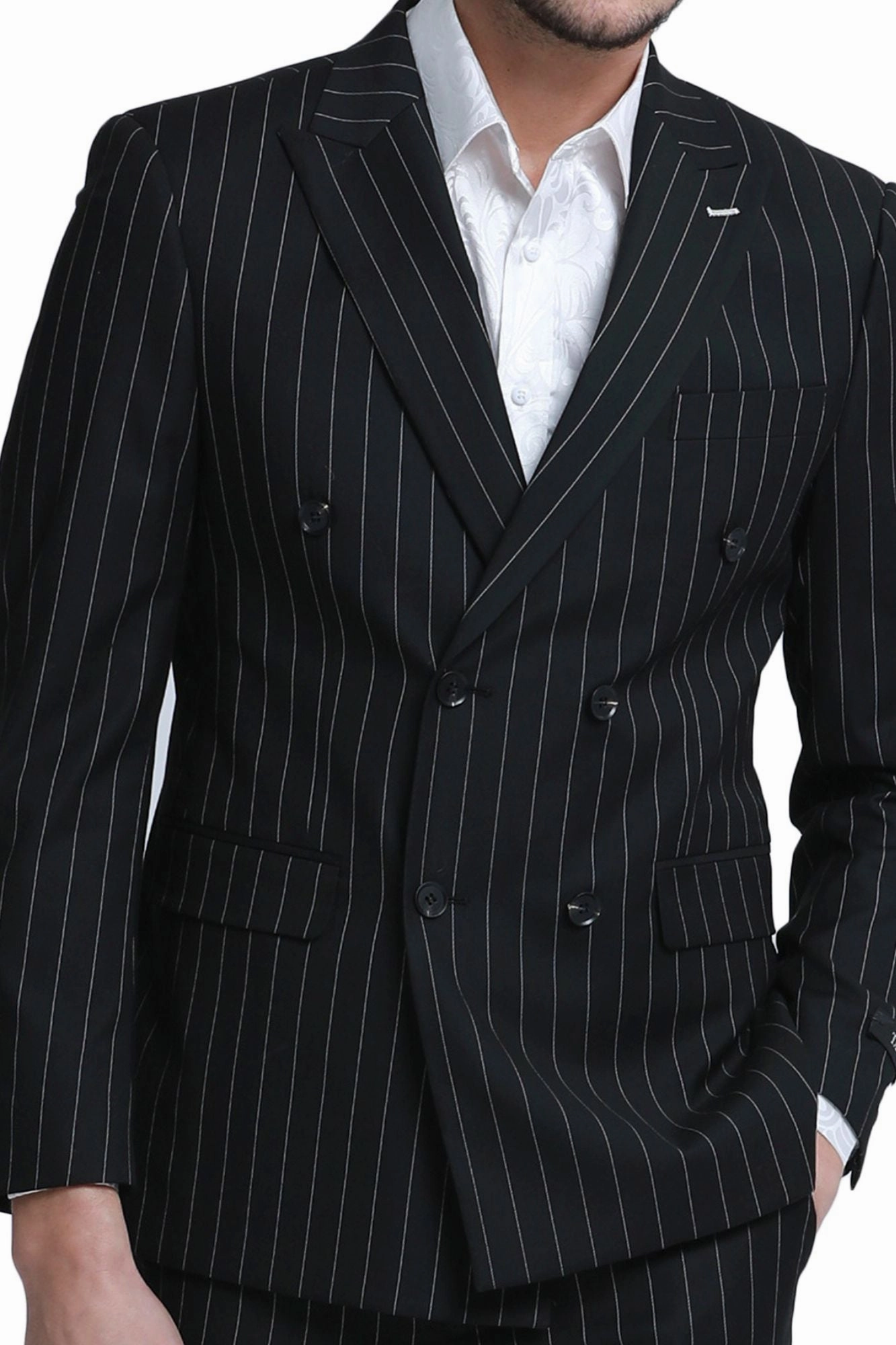 Windwalker Collection: 2-Piece Pin Stripe Slim Fit Suit For Men In Black