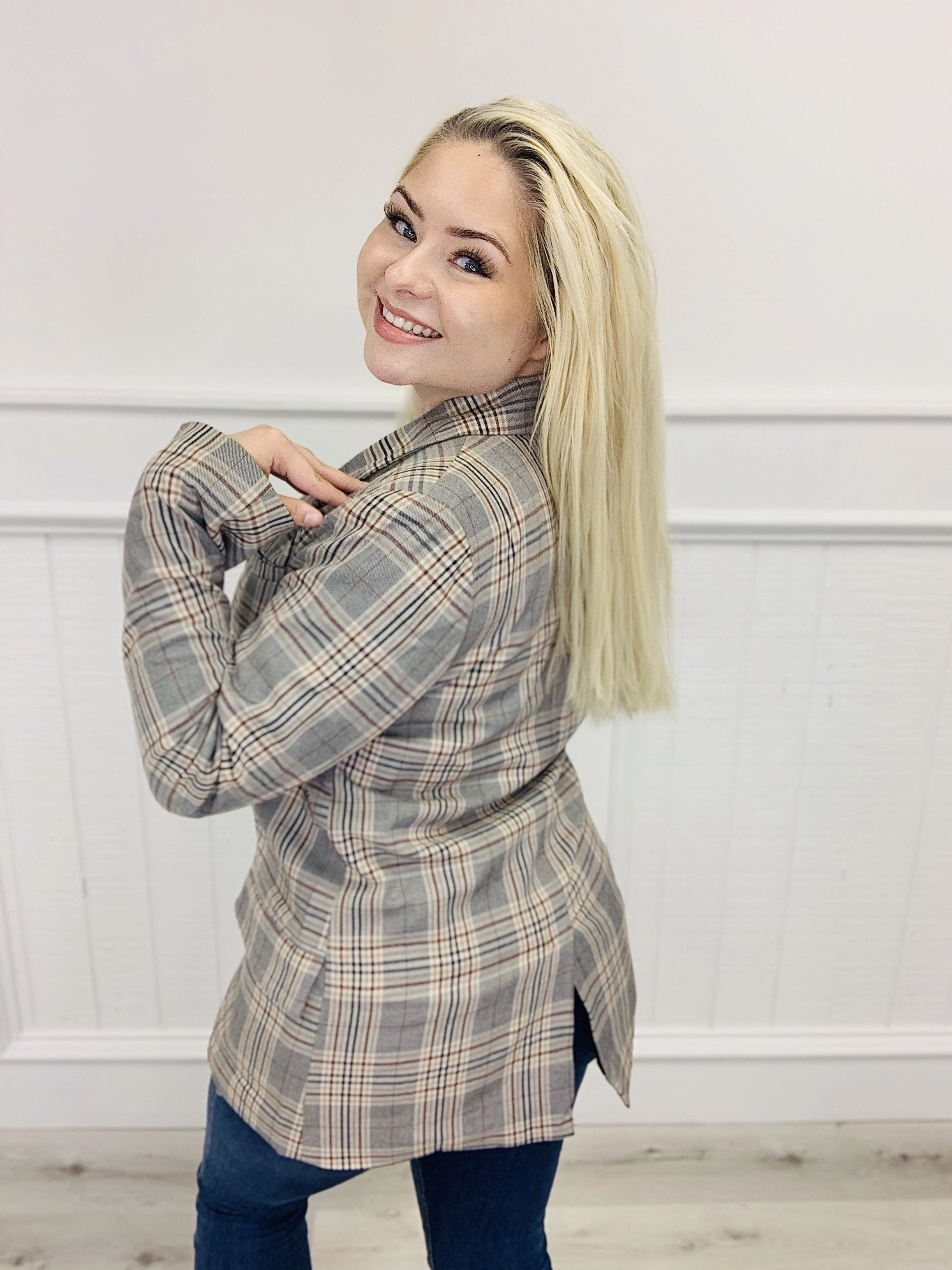 Woven Long Sleeve Oversized Plaid Blazer