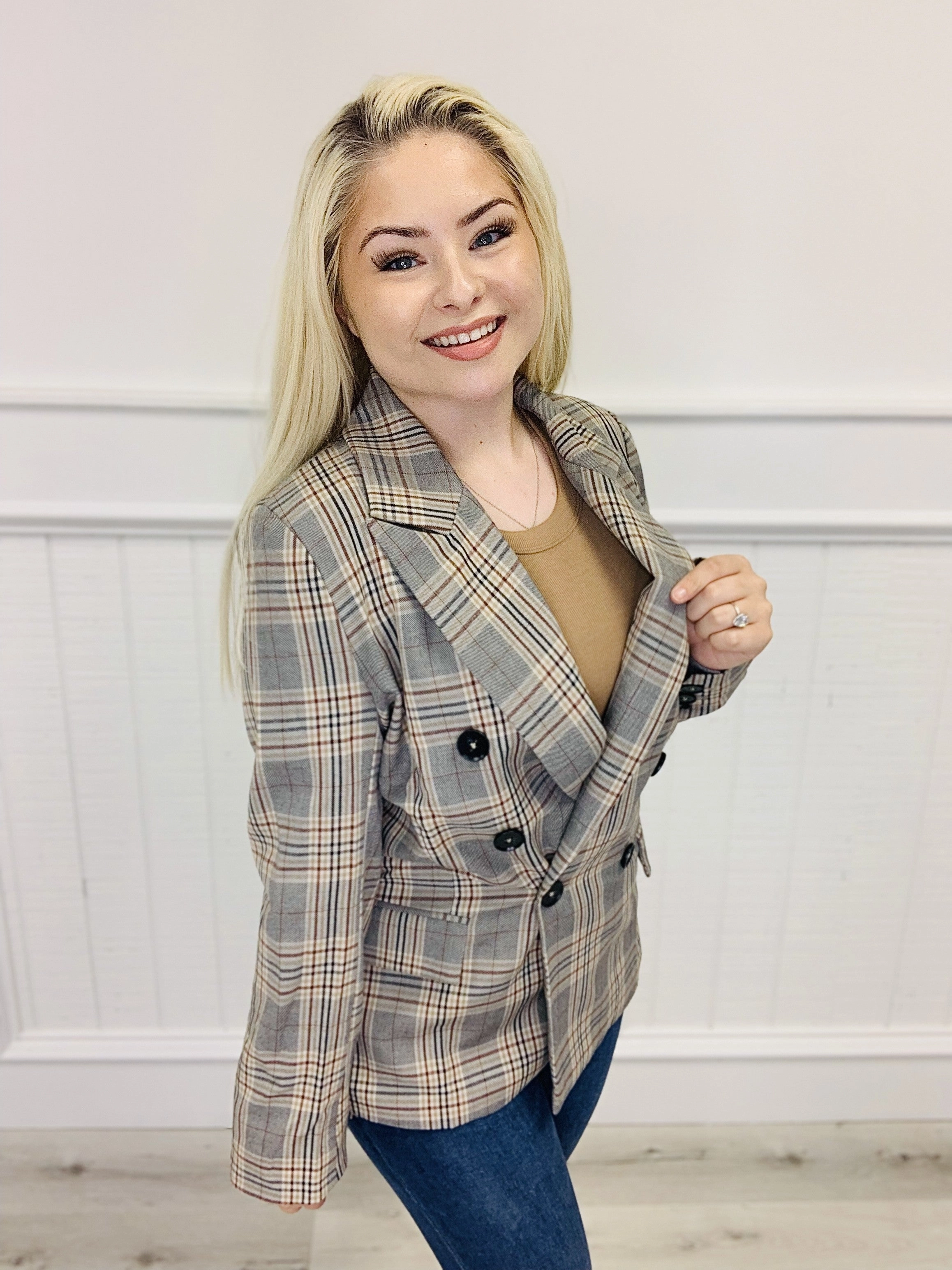 Woven Long Sleeve Oversized Plaid Blazer