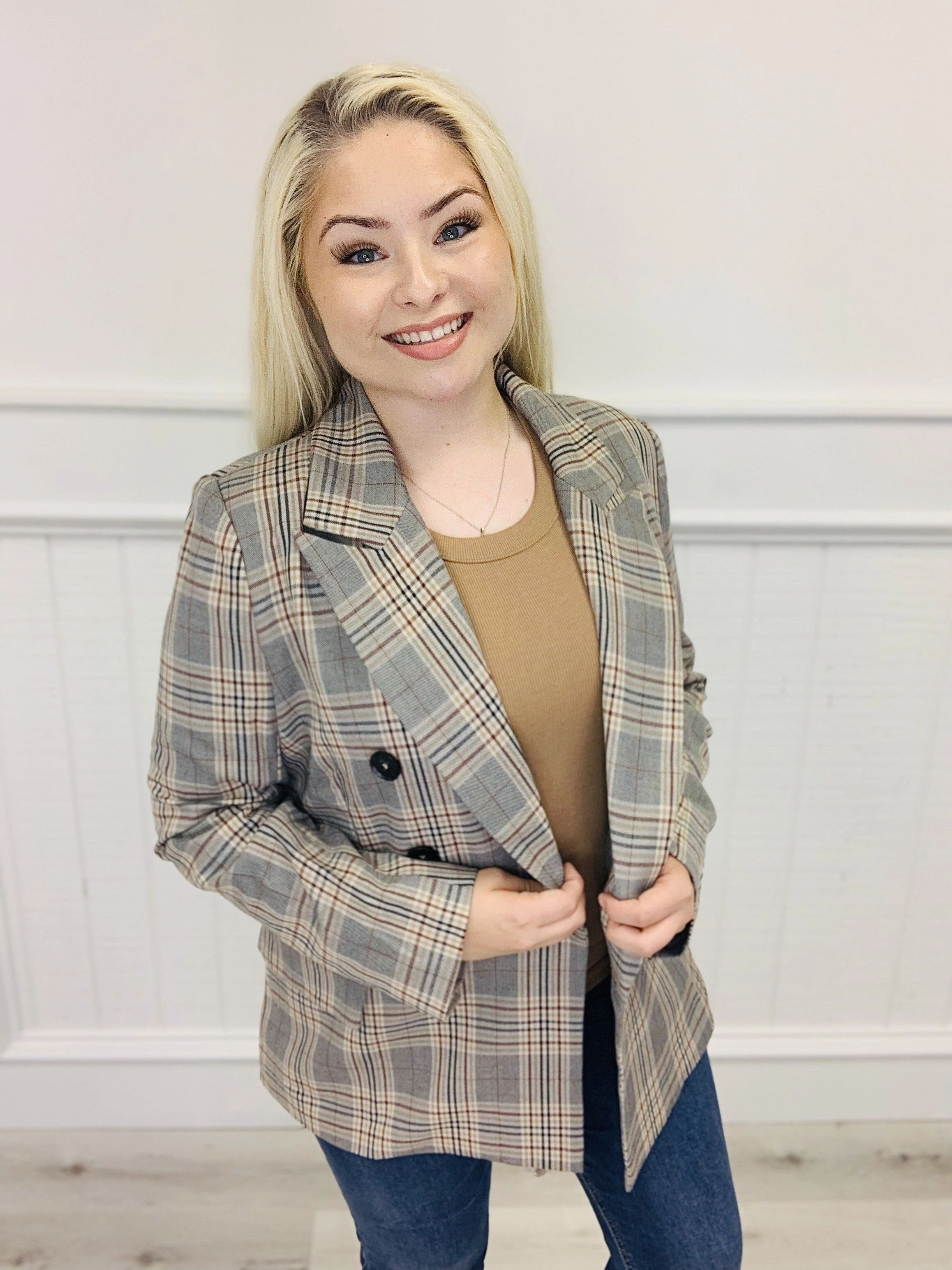 Woven Long Sleeve Oversized Plaid Blazer