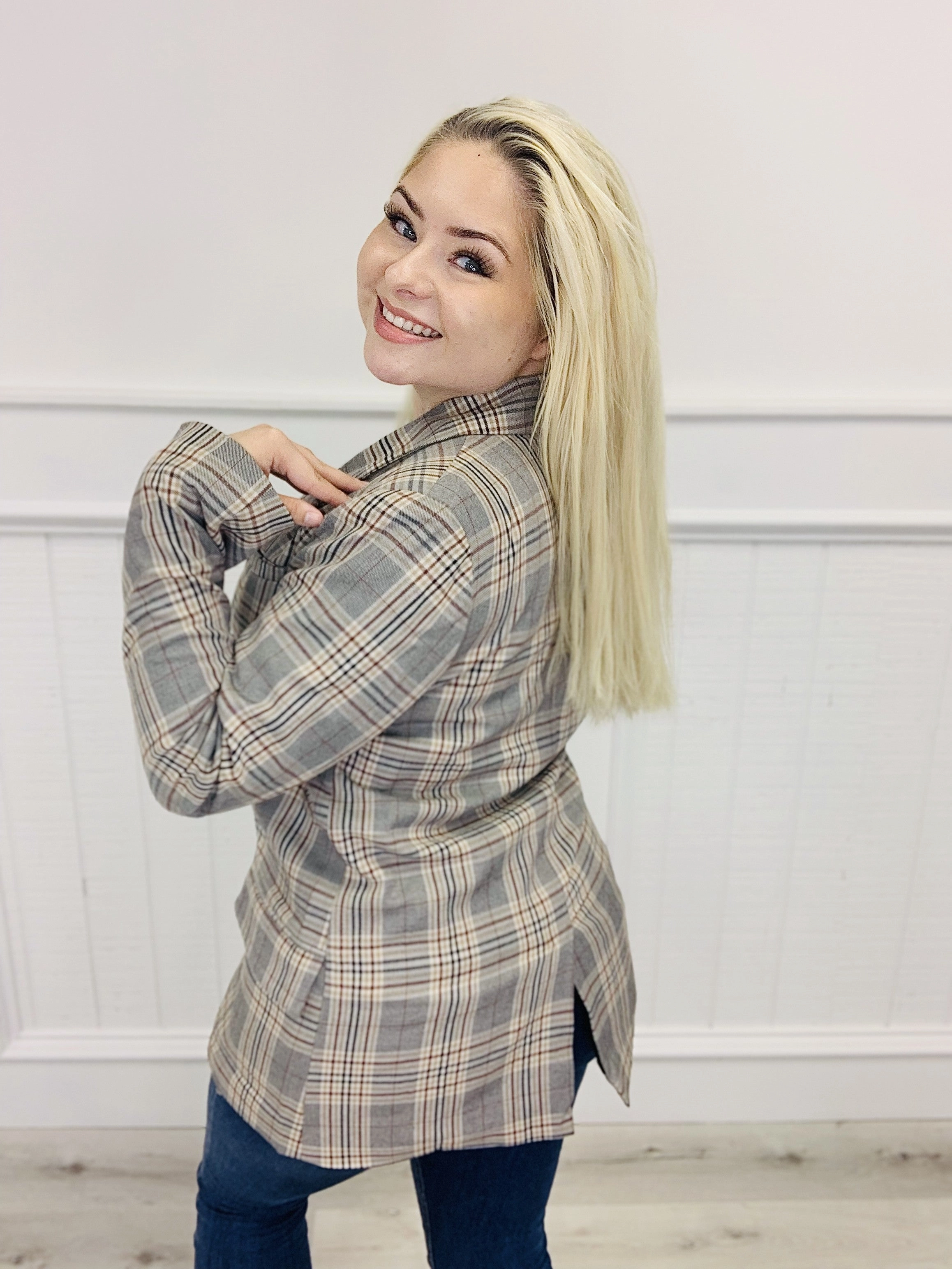 Woven Long Sleeve Oversized Plaid Blazer